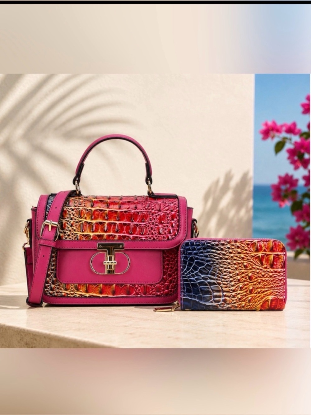 NEW Pink Croc-Embossed Top-Handle Crossbody Bag with Matching Wallet